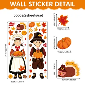 Thanksgiving wall sticker set featuring cute pumpkin, maple leaf and pilgrim cartoon designs.