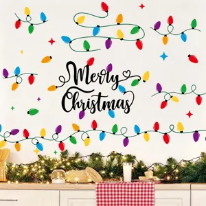 Christmas Wall Stickers PVC Self-Adhesive Festive Colorful Bulb Lettering Snowflake Home Shop Window Holiday Decoration