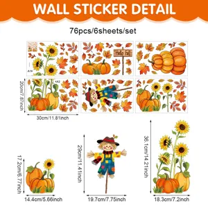 Autumn window sticker detail showing 76pcs 6sheets set with cute pumpkins sunflowers scarecrow.