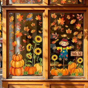 Autumn Thanksgiving Pumpkin Maple Leaf Window Clings PVC Static Sticker Scarecrow Sunflower Window Decals For Thanksgiving Fall Decor