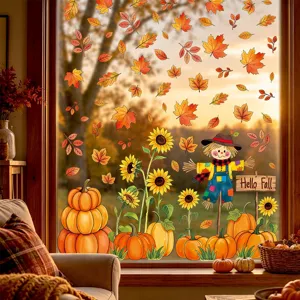 Fall autumn window stickers pumpkin sunflower scarecrow static clings for glass decor.