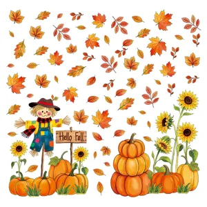 Autumn pumpkin maple leaf window stickers, cute scarecrow and sunflower static clings for fall.