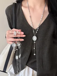Vintage Pocket Watch Pearl Cross Necklace Long Sweater Chain Fashion Jewelry Accessory