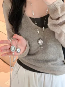 Elegant pearl pocket watch necklace long sweater chain with vintage cross pendant for women.