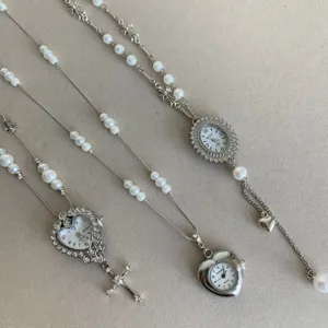 Vintage pearl pocket watch necklace long sweater chain with rhinestone cross pendant jewelry