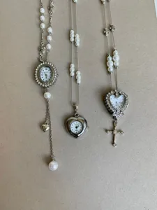 Vintage pearl watch long sweater chain gothic cross pendant necklace for women stylish