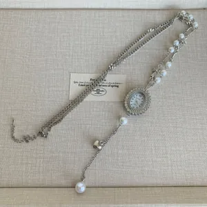Silver pocket watch pearl long necklace with cross charms vintage sweater chain accessory