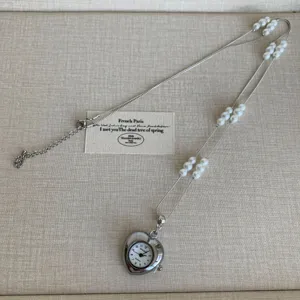 Exquisite heart pocket watch pearl long necklace, elegant metal sweater chain accessory details.