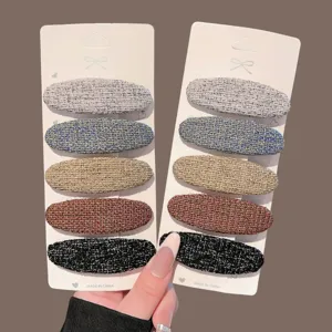 Barrette à Cheveux Ovale en Tissu Tweed Rétro Style Coréen Élégant Beige Noir Plaid Clip pour Femme Coiffure Mode