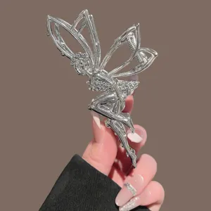 Silver rhinestone fairy hair claw clip for thick hair, elegant metal shark clip accessory.