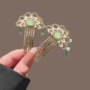 Vintage New Chinese Style Bamboo Joint Tassel Hair Stick Alloy Rhinestone Artificial Pearl Hair Fork For Women Hanfu Cheongsam Accessory