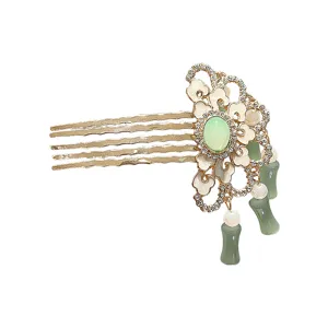 Chinese style hair comb vintage gold rhinestone green jade bamboo tassel hair accessory