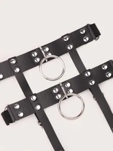 Punk leather leg garter harness with metal rings and rivets Y2K style thigh strap for women