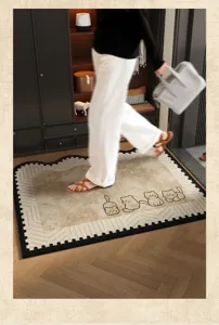 Cozy cartoon cat floor mat detail in a modern hallway entrance, non-slip textured home rug.
