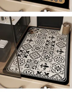 Vintage black and white floral bathroom floor mat, anti-slip absorbent soft rug for home use.