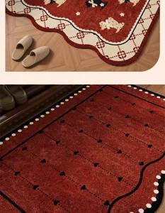 Red festive looped velvet doormat, non-slip entryway dust removal rug for home use.