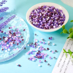 Detailed close-up of mixed purple and white 4mm glass seed beads for handmade DIY jewelry design.