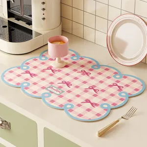 American retro kitchen drainage mat, pink plaid leather placemat with cute bow design for home use.