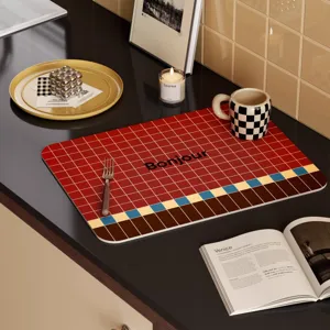 Detail shot of retro grid leather placemat with elegant kitchen decor and cutlery.