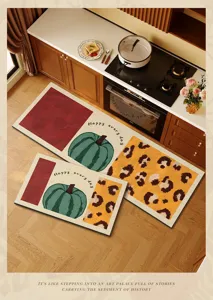Kitchen floor mat set, diatomaceous earth water absorbent non-slip pumpkin leopard print.