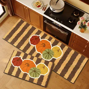 Kitchen floor mat set autumn pumpkin stripe absorbent non-slip washable floor rug 2-piece set