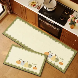 Pastoral style kitchen floor mat two-piece set, pumpkin pattern, non-slip absorbent.