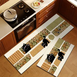 Kitchen mat detail showing absorbent diatomaceous earth surface with cute black cat and retro tile print.