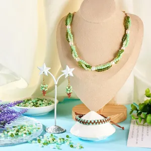 Handmade green glass seed bead necklace earrings bracelet jewelry set DIY crafting accessories.