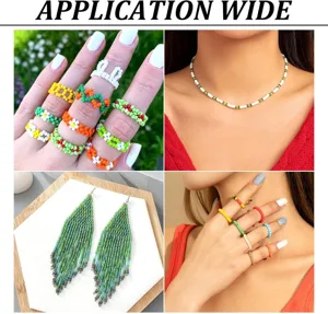Close-up details of colorful glass seed beads jewelry with handmade rings, necklaces and earrings.