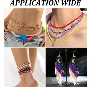 Colorful glass seed beads DIY jewelry detail showcase, handmade layered necklace and waist chain.