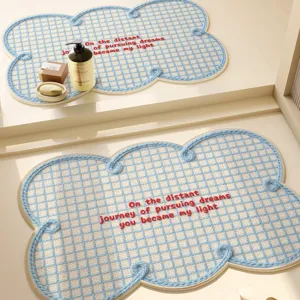 Creamy style woven bath mat with grid pattern and inspiring text, soft and absorbent.