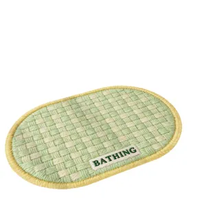 Oval green woven pattern bathroom anti-slip floor mat, quick-drying absorbent home mat.