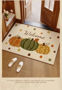 Autumn pumpkin entryway doormat detail, nonsip faux linen floor mat for home decor.