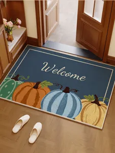 American style imitation linen welcome doormat with autumn pumpkin pattern for home entryway.