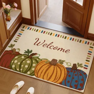 American Retro Imitation Linen Door Mat Pumpkin Print Non Slip Dirt Resistant Welcome Entryway Floor Mat Home Decor