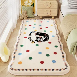 Fluffy bedroom bedside carpet with cute cat and colorful polka dots, warm and cozy rug.
