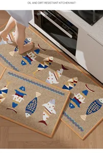 Ensemble de tapis de cuisine en lin, chemin de sol antidérapant résistant à l'huile et poissons.