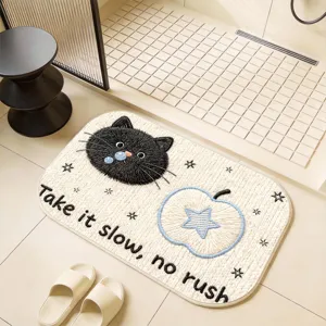 Cute black cat embroidery bath mat detail, soft absorbent floor mat for bathroom decor