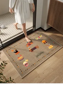 Cartoon Badematte fuer Bad, Leinen Textur saugfaehige rutschfeste Fussmatte fuer Zuhause.