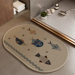 Linen Kitchen Floor Mat Water Absorbent Non Slip Cute Cartoon Animal Print Oval Door Mat For Porch Bathroom