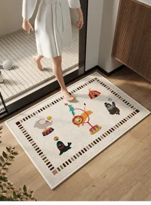Detailansicht der Cartoon Zirkus Badematte, saugfähige rutschfeste Fußmatte für Zuhause.