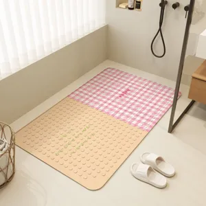 Anti-slip bath mat for bathroom shower, cute pink grid and beige suction shower floor mat.