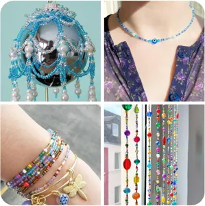 Close-up details of colorful glass seed beads and tubes used in various DIY handmade jewelry.
