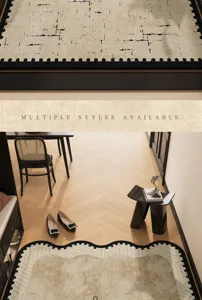 Detailed view of modern anti-slip loop velvet doormat in sleek hallway interior setting.