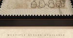 Close-up detail of cartoon cat floor mat with looped velvet texture and non-slip backing.