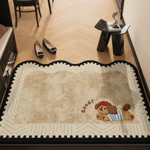 Cartoon flocked entrance door mat anti-slip home floor carpet with cute dog embroidery.
