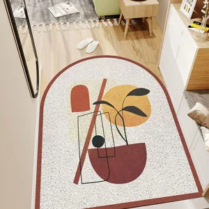 Arch-shaped modern minimalist entry door mat detail showing abstract plant pattern and texture.