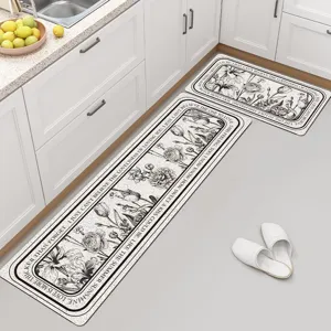 Antislip keukenloper set met vintage bloemen en Engelse tekst ontworpen voor thuisgebruik.