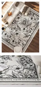 Alfombra de cachemira suave con patrón floral en blanco y negro estilo nórdico para sala