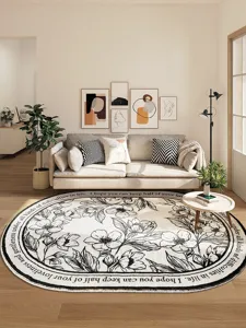 Alfombra de salón ovalada de felpa minimalista nórdica con estampado floral en blanco